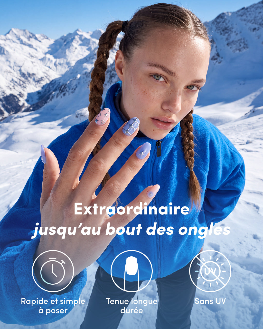 Nail Art Patches x La Folie Douce™ Merci Handy – nails decorated with the patches, in the mountains