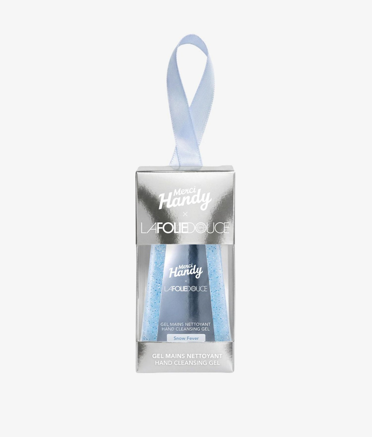 Hand Cleansing Gel x La Folie Douce™ Merci Handy – hand gel with strap on a grey background
